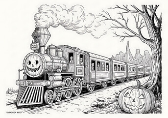 A halloween train with pumpkin faces and passengers travels through a spooky landscape drawing