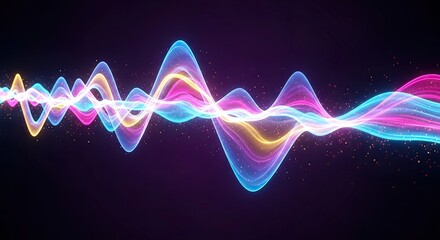 Glowing neon sound waves with shimmering particles audio visualization abstract