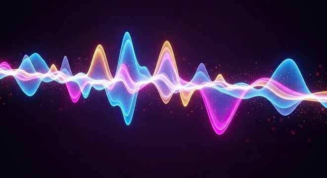 Glowing neon sound waves with sparkling particles audio visualization equalizer