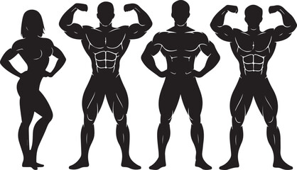 Silhouettes of fit men and women bodybuilders showcasing muscular physiques male female