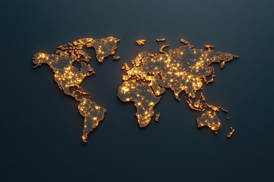 World map glowing with global city lights