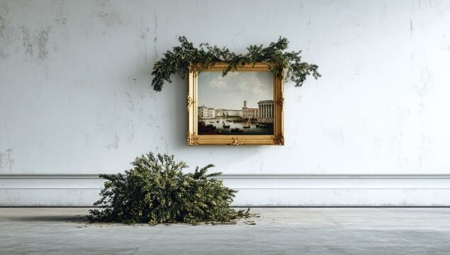 A discarded christmas tree lies on the floor next to a framed painting.
