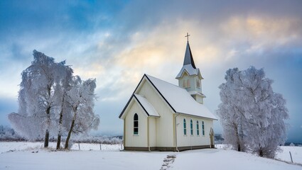 Snowy Rural Church with Iced Trees