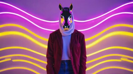 Fashion model wearing a silver horse mask and casual clothing poses in front of a wall adorned with vibrant, wavy neon lights, creating a surreal and modern atmosphere - Powered by Adobe