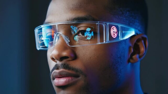 Close-up portrait of a young african american software developer wearing transparent augmented reality glasses, interacting with holographic data in a dark studio