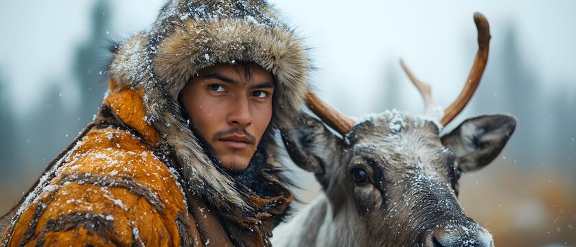 Evenki Reindeer Herder Riding Antlered Buck in Elk-Fur Kukhlyanka Parka, Taiga Midday, Snow Powder Spray

