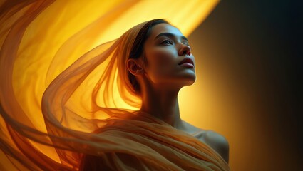 Ethereal Portrait of Young Woman Wrapped in Flowing Fabric – Golden Light and Dreamy Aesthetic