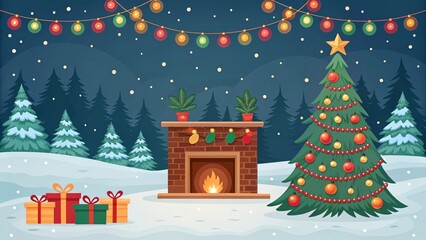 Fire place with gift and Xmas tree outside the house, cartoon style art