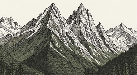 Detailed Line Art Illustration of Majestic Mountain Range