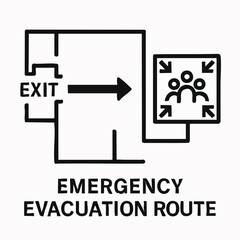 A clear black and white icon illustrating an emergency evacuation route, showing the exit, directional arrow, and a safe assembly point for people.