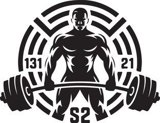 Bodybuilder with barbell and circular graphic design with numbers bodybuilding fitness