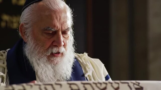 An elderly Jewish man reading a Torah scroll during a religious ceremony.