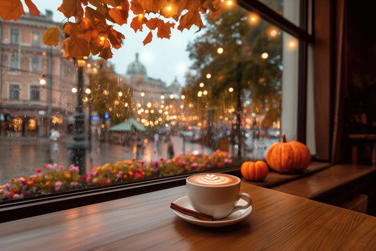 Autumn coffee scene with raindrops