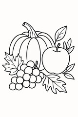 A line art illustration featuring classic autumn harvest elements like a pumpkin, apple, grapes, and fall leaves, perfect for coloring pages or seasonal designs.