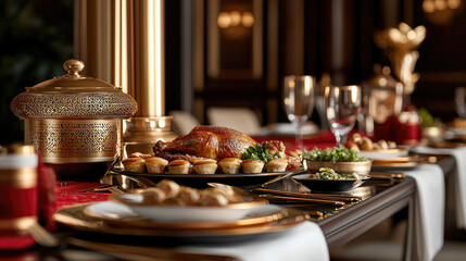 Fototapeta premium Luxurious festive dinner table with roast chicken