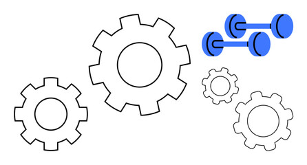 Gears of various sizes paired with blue dumbbells, symbolizing balance between fitness, teamwork, development, and efficiency. Ideal for wellness, teamwork, training, productivity innovation