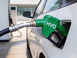 Ultra sharp close-up of green HVO fuel nozzle with droplet, fueling a white passenger car at a modern gas station, bright daylight