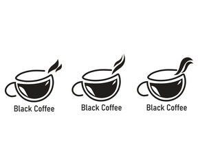 Set of black coffee logo design, Black coffee cup logo collection, Black coffee cup logo with steam logo 
