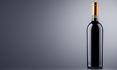 Dark, still-life scene of a wine bottle a dark liquid-filled glass bottle with a gold cap stands upright against a graduated gray background, reflecting