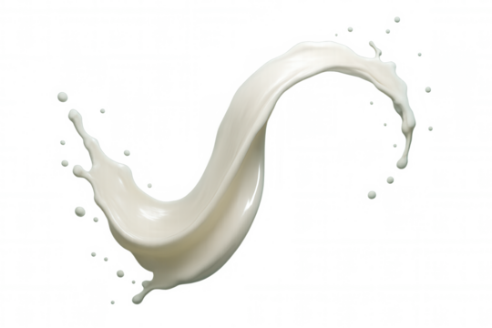 Dynamic splash of white milk forming an elegant, s-shaped curve against a transparent background