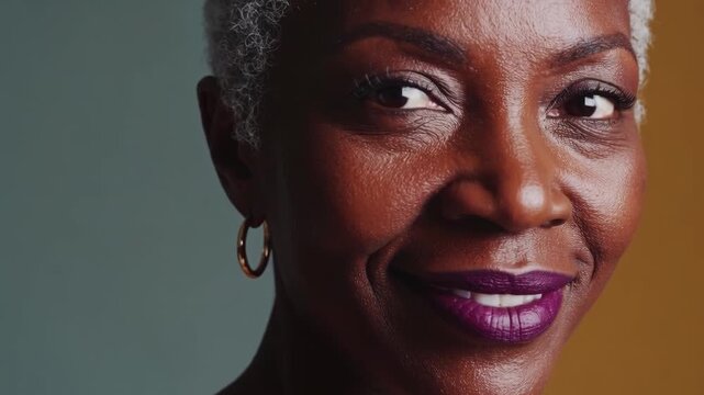 Partial portrait of a smiling senior Black woman&mdash;short gray hair, purple lipstick&mdash;only the right half of her face in frame against a warm beige/brown background (4K, 16:9, 0.8&times; slo-mo).