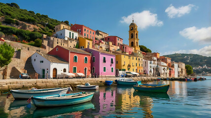 Obraz premium The layout features a cluster of colorful buildings perched on a rugged cliff overlooking the azure Mediterranean Water Place.