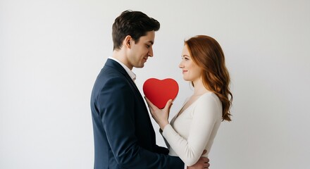 Romantic couple gently holds heart shaped gift soft light studio shot. AI Generated