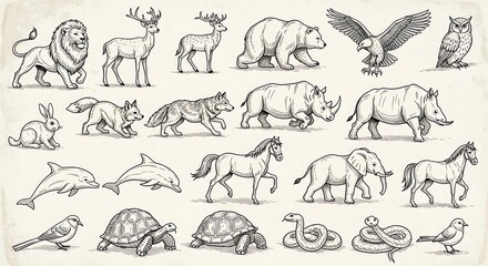 Naklejka premium Diverse animal sketches: Lion, deer, bear, eagle, owl, rabbit, wolf, rhino, dolphin, horse, elephant, turtle, snake, bird