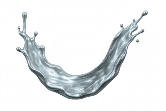 Metallic silver liquid splashing, creating a dynamic arc against a transparent background, perfect for adding a touch of elegance and motion to designs