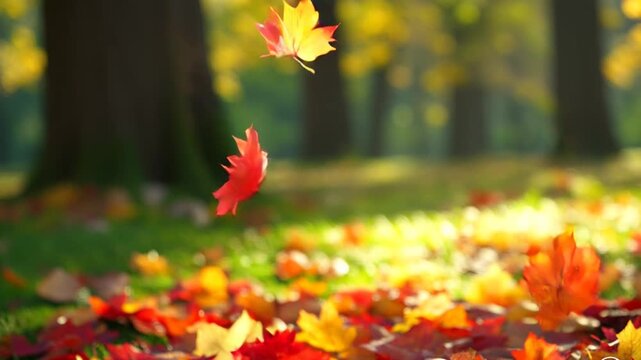 Colorful autumn leaves falling on forest floor during Autumn equinox day  