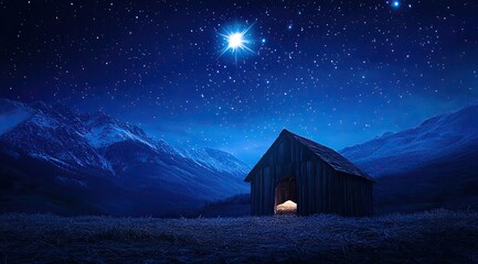 Snowy mountain night; barn under starry sky