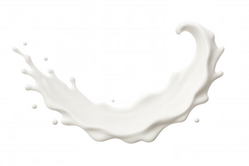 Milk splashing dynamically, forming liquid wave with scattered droplets against transparent backdrop, ideal for culinary imagery