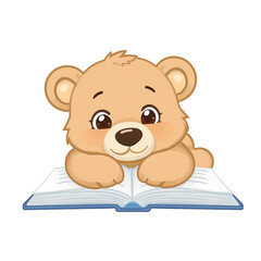 Adorable Baby Bear Reading a Book Cute Cartoon Animal PNG