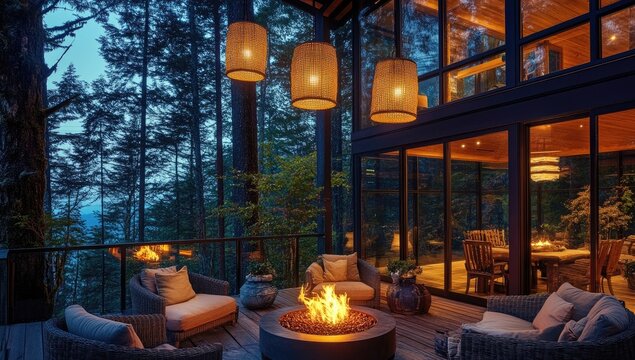 Fototapeta Evening patio with fireplace and forest view