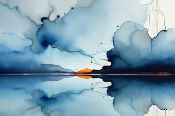 Abstract Ink Painting - Blue Ocean Horizon