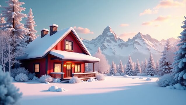 Snowy winter landscape with a cozy red house nestled in the mountains.