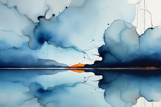 Abstract Ink Painting - Blue Ocean Horizon
