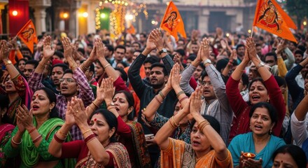 Fototapeta premium Devotees Gather for Religious Ceremony Raising Hands in Prayer