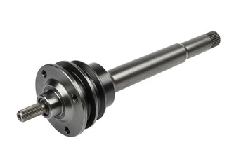 A metal shaft with pulley and splined ends on a white surface in a studio product shot view