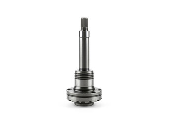 Close up of a metal shaft with splines and a flanged base on a white background studio shot