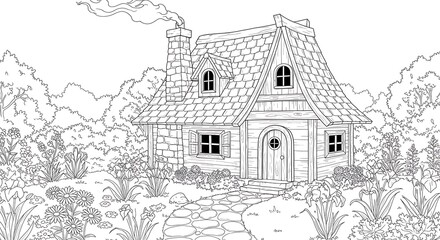 Naklejka premium Enchanting Fairytale Cottage Amidst Lush Garden