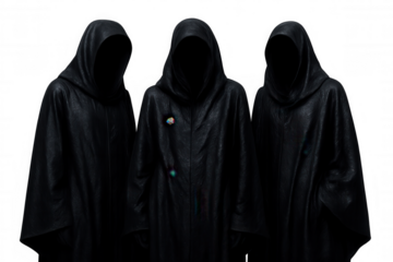 Three sinister figures shrouded in black cloaks stand against a transparent background, evoking a sense of mystery and dread