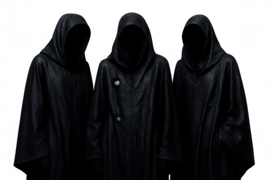Three sinister figures shrouded in black cloaks stand against a transparent background, evoking a sense of mystery and dread