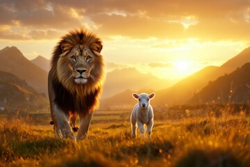 Majestic Lion and Gentle Lamb - Symbolic Harmony at Sunset