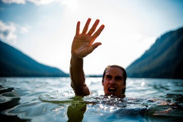 Man Struggling in Water, Reaching for Help Amidst Mountain Landscape