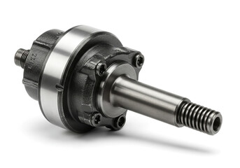 Close up of a metal mechanical part with a shaft and screws on a white background studio shot