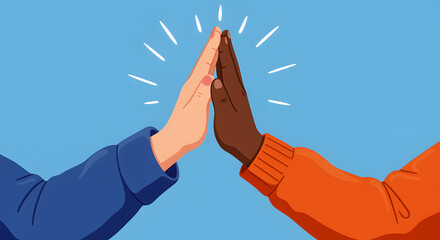 High Five Gesture Between Two Hands in Bright Cartoon Style on Blue Background