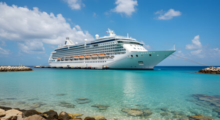 Naklejka premium Large White Cruise Ship Docked in Bright Blue Ocean with Clear Sky