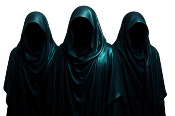 Dark-robed silhouettes looming against translucent backdrop, casting shadowy presence with haunting, enigmatic stance