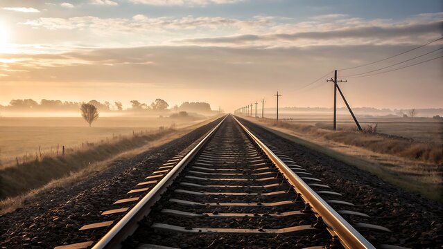 Scenic Railway Tracks Stretch Toward a Misty Horizon Under a Soft Sunrise, Depicting Journey and Tranquility.